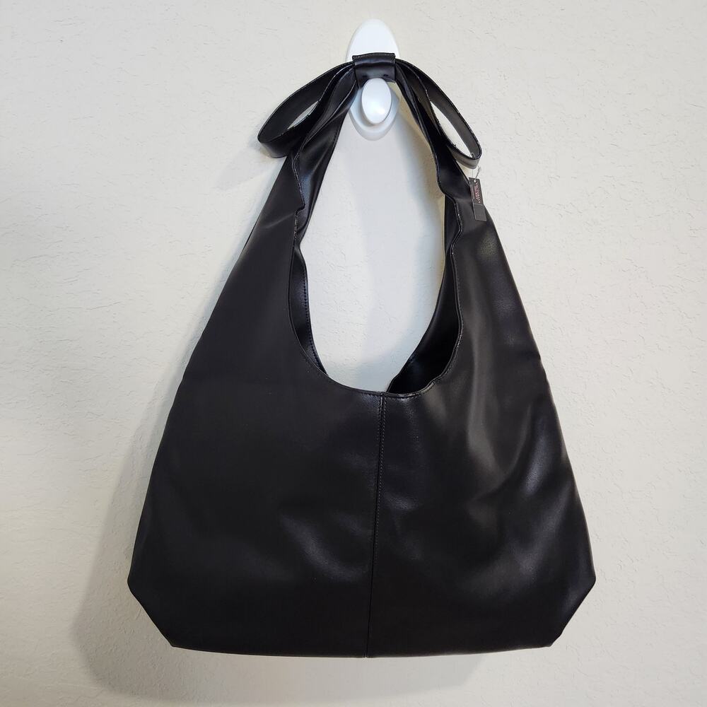 Victoria's Secret Black Faux Leather Shoulder Large Tote Bag Purse with Bow